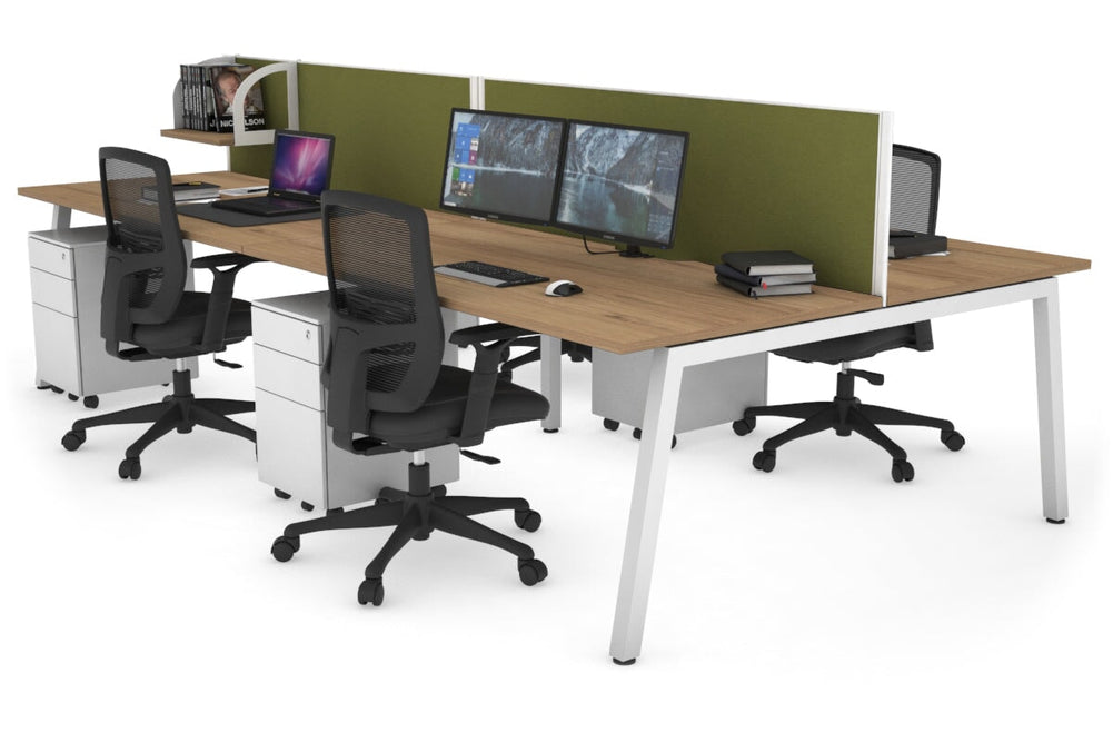 Quadro 4 Person Office Workstation [1600L x 800W with Cable Scallop]-white leg salvage oak green moss (500H x 1600W)