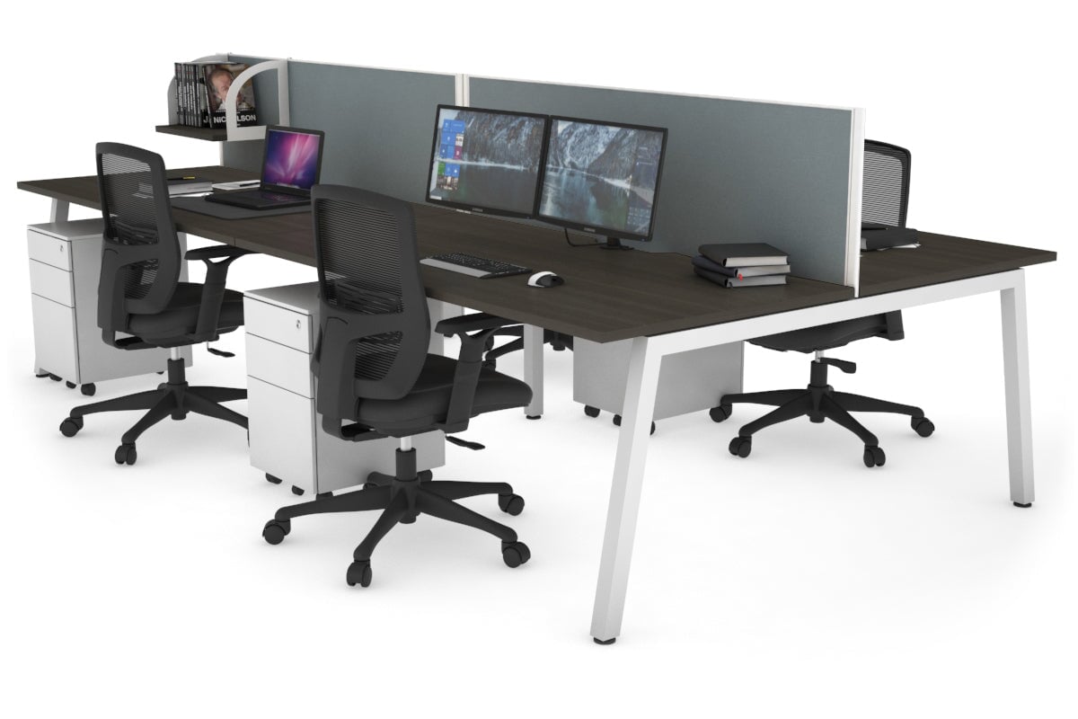 Quadro 4 Person Office Workstations [1600L x 800W with Cable Scallop] Jasonl white leg dark oak cool grey (500H x 1600W)