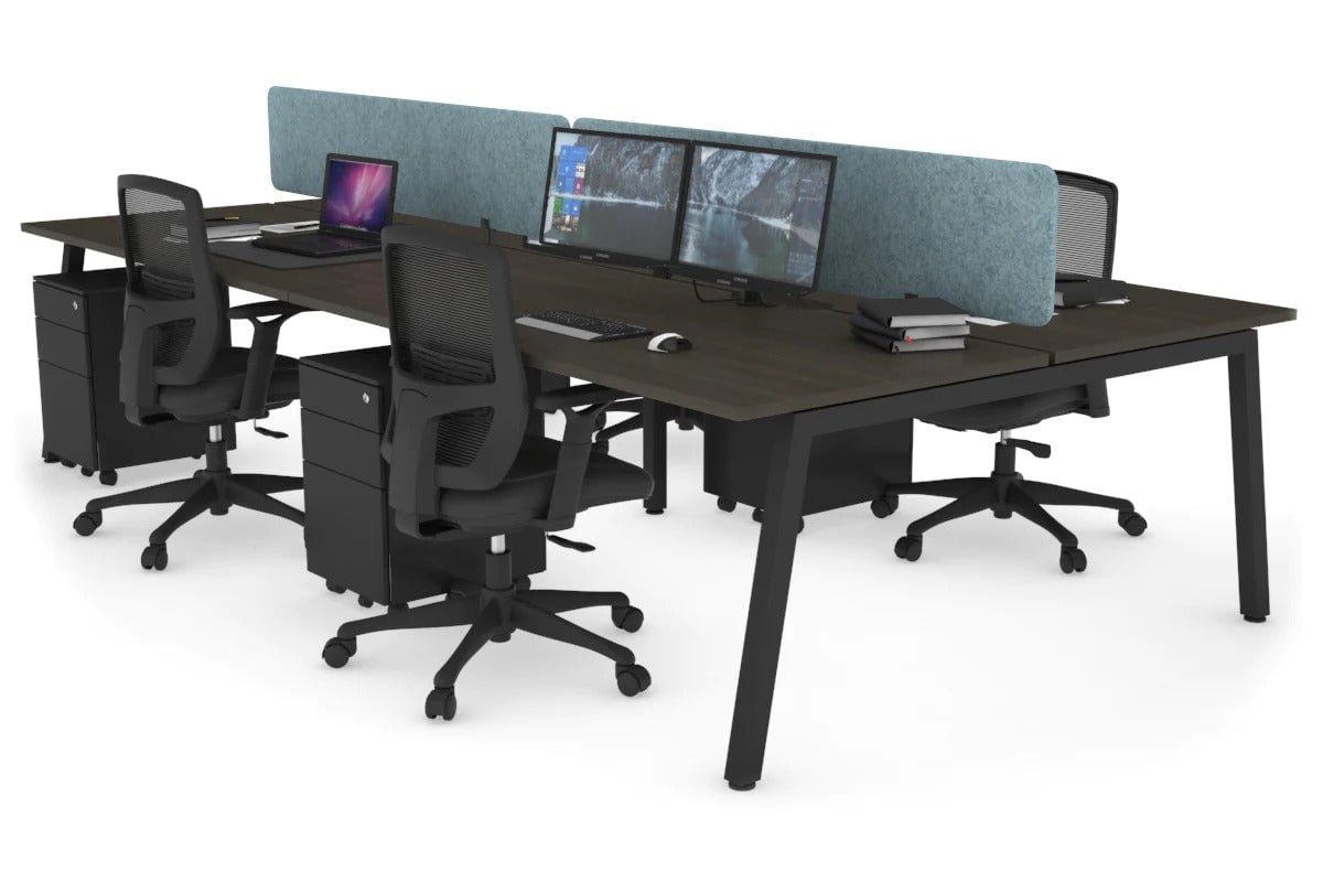 Quadro 4 Person Office Workstations [1600L x 800W with Cable Scallop] Jasonl black leg dark oak blue echo panel (400H x 1600W)