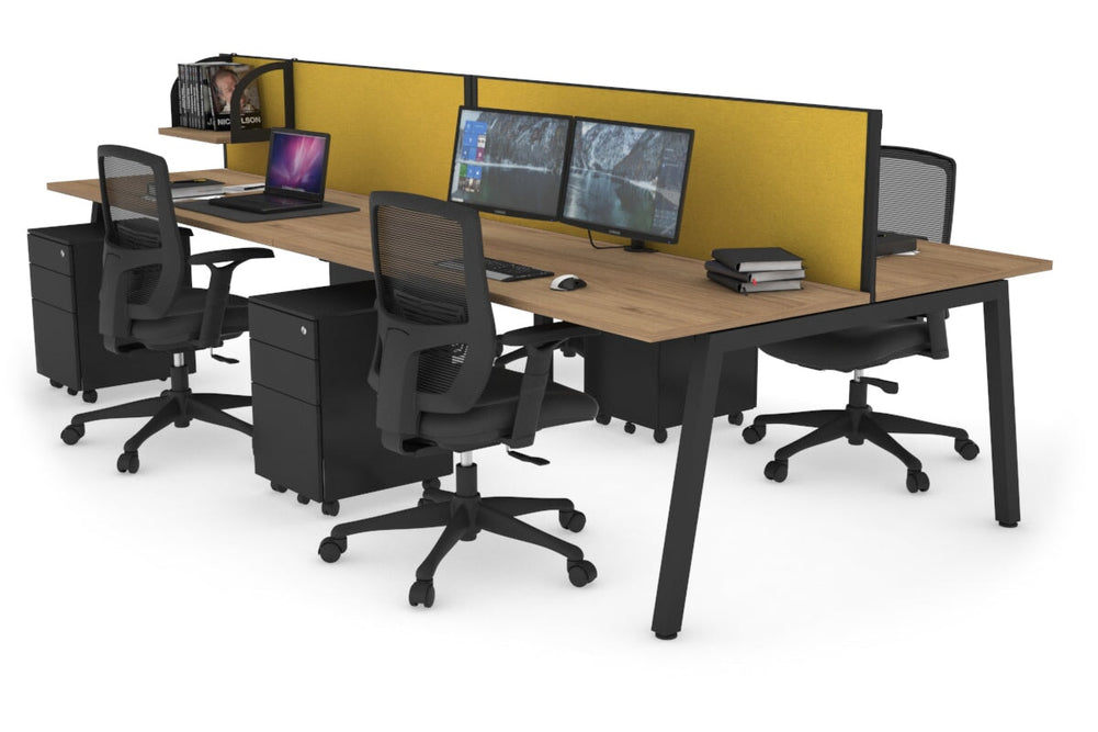 Quadro 4 Person Office Workstation [1800L x 700W]-black leg salvage oak mustard yellow (500H x 1800W)