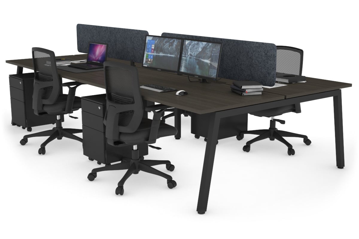 Quadro 4 Person Office Workstations [1800L x 800W with Cable Scallop] Jasonl black leg dark oak dark grey echo panel (400H x 1600W)