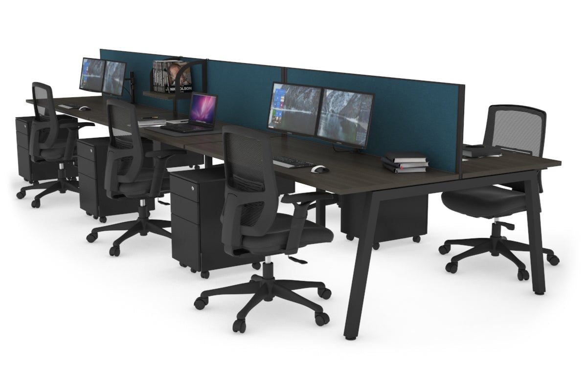 Quadro 6 Person Office Workstations [1200L x 700W] Jasonl black leg dark oak deep blue (500H x 1200W)