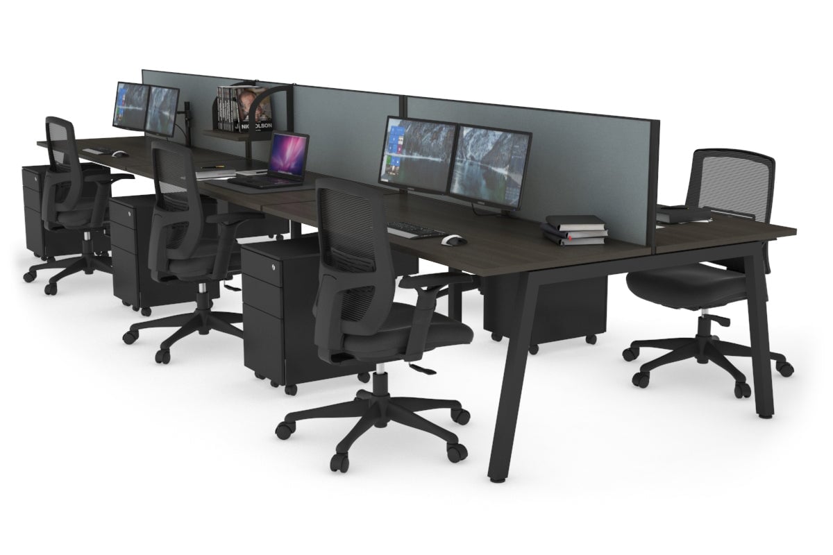 Quadro 6 Person Office Workstations [1200L x 700W] Jasonl black leg dark oak cool grey (500H x 1200W)
