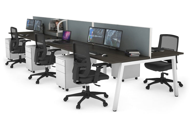 Quadro 6 Person Office Workstations [1200L x 700W] Jasonl white leg dark oak cool grey (500H x 1200W)
