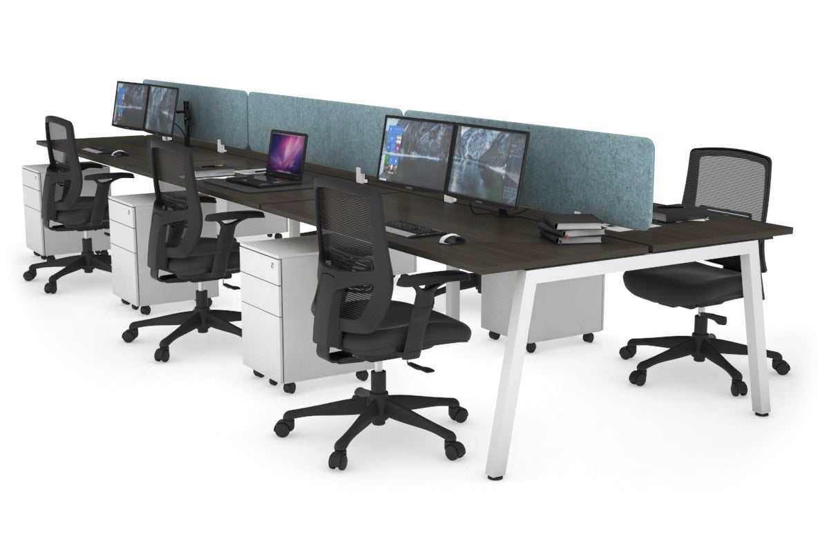 Quadro 6 Person Office Workstations [1200L x 700W] Jasonl white leg dark oak blue echo panel (400H x 1200W)