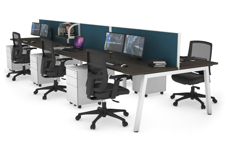 Quadro 6 Person Office Workstations [1200L x 700W] Jasonl white leg dark oak deep blue (500H x 1200W)