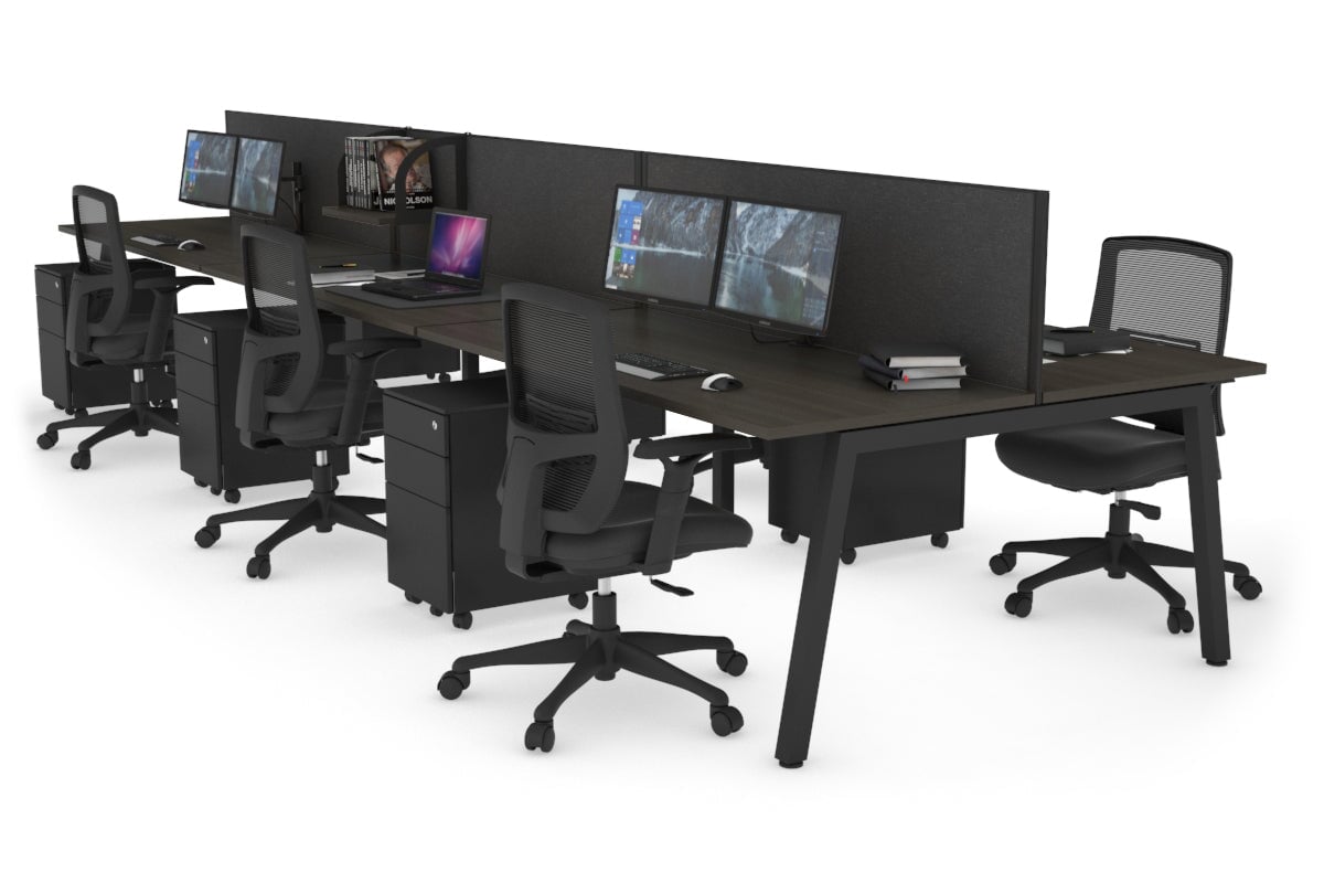 Quadro 6 Person Office Workstations [1200L x 700W] Jasonl black leg dark oak moody charcoal (500H x 1200W)