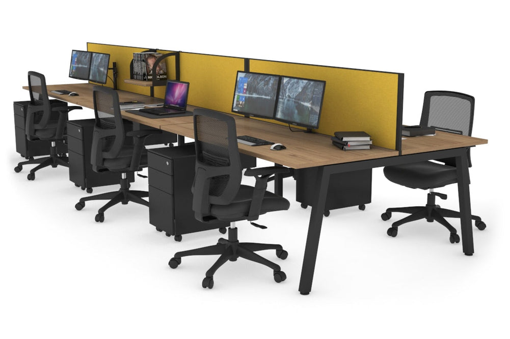 Quadro 6 Person Office Workstation [1200L x 700W]-black leg salvage oak mustard yellow (500H x 1200W)