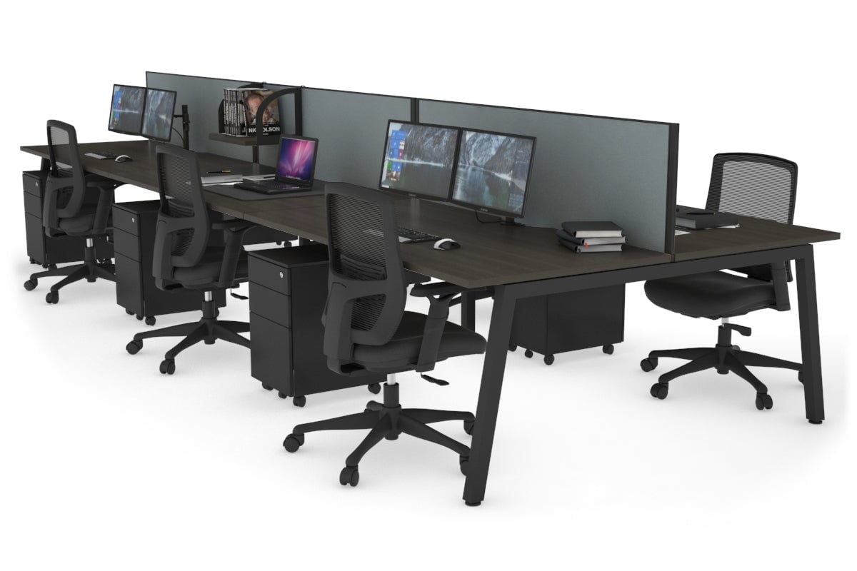 Quadro 6 Person Office Workstations [1200L x 800W with Cable Scallop] Jasonl black leg dark oak cool grey (500H x 1200W)