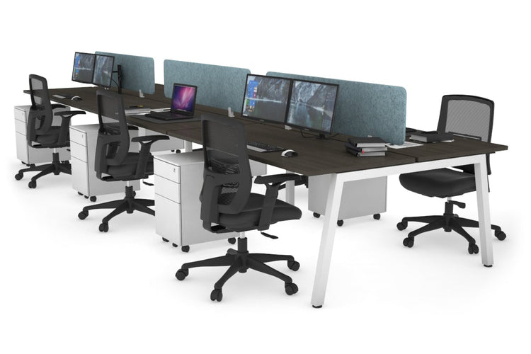 Quadro 6 Person Office Workstations [1400L x 700W] Jasonl white leg dark oak blue echo panel (400H x 1200W)