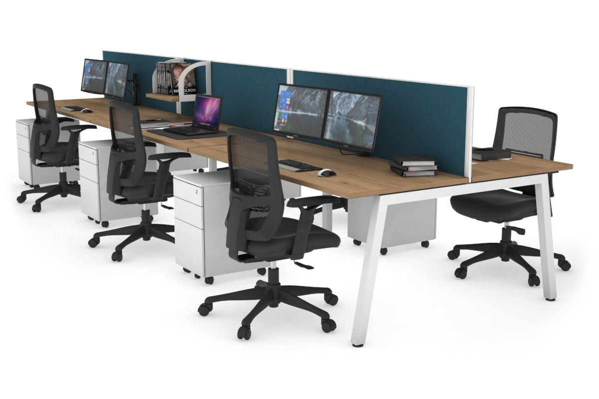 Quadro 6 Person Office Workstations [1400L x 700W] Jasonl white leg salvage oak deep blue (500H x 1400W)