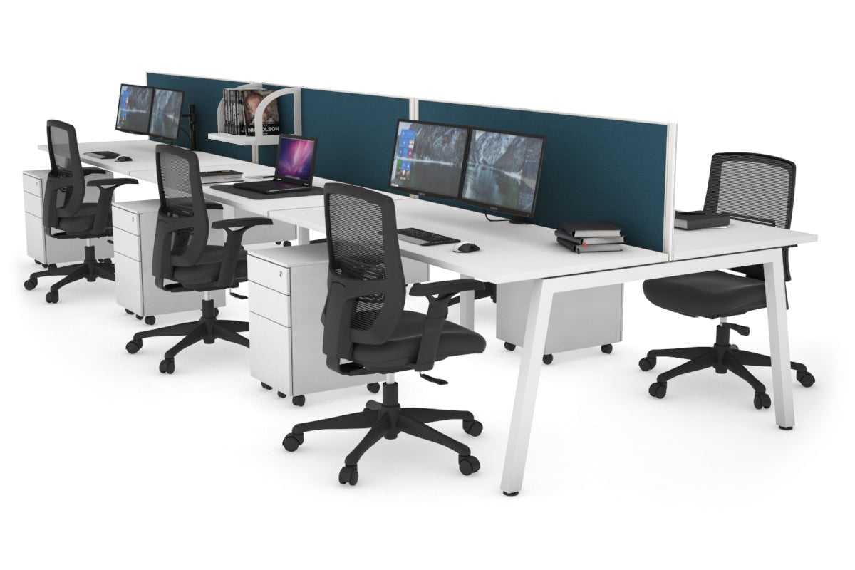 Quadro 6 Person Office Workstations [1400L x 700W] Jasonl white leg white deep blue (500H x 1400W)