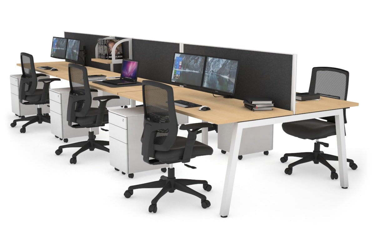 Quadro 6 Person Office Workstations [1400L x 700W] Jasonl white leg maple moody charcoal (500H x 1400W)