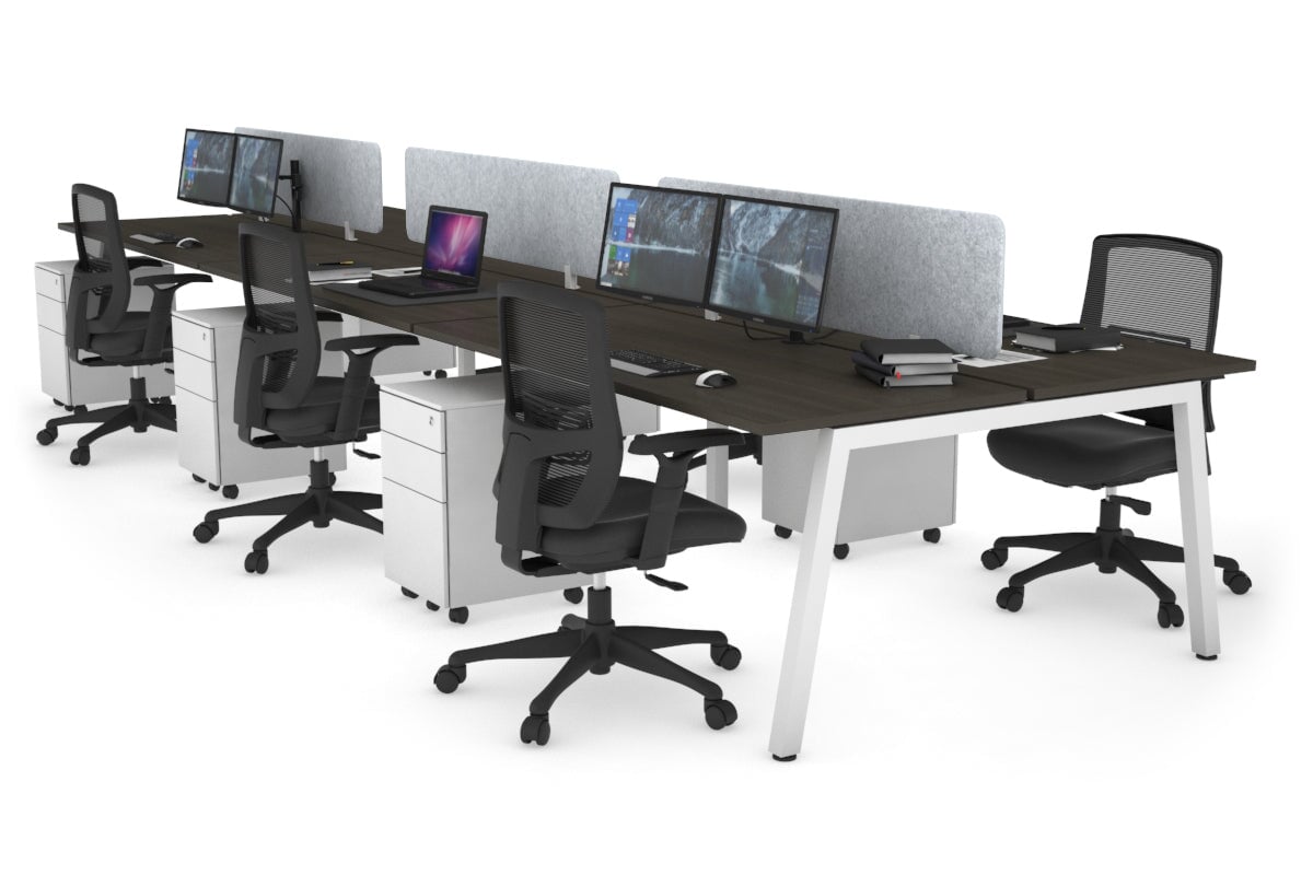 Quadro 6 Person Office Workstations [1400L x 700W] Jasonl white leg dark oak light grey echo panel (400H x 1200W)
