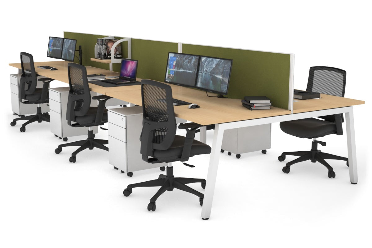 Quadro 6 Person Office Workstations [1400L x 800W with Cable Scallop] Jasonl white leg maple green moss (500H x 1400W)