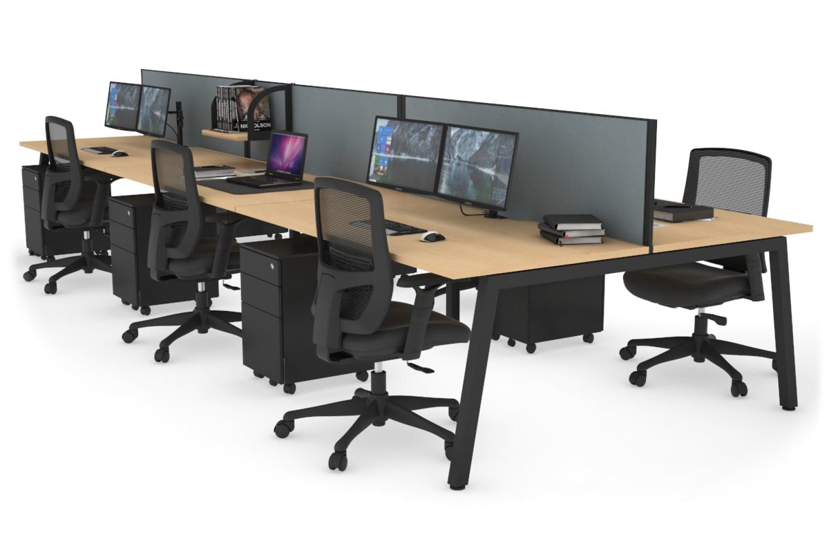Quadro 6 Person Office Workstation [1400L x 800W with Cable Scallop]-black leg maple cool grey (500H x 1400W)