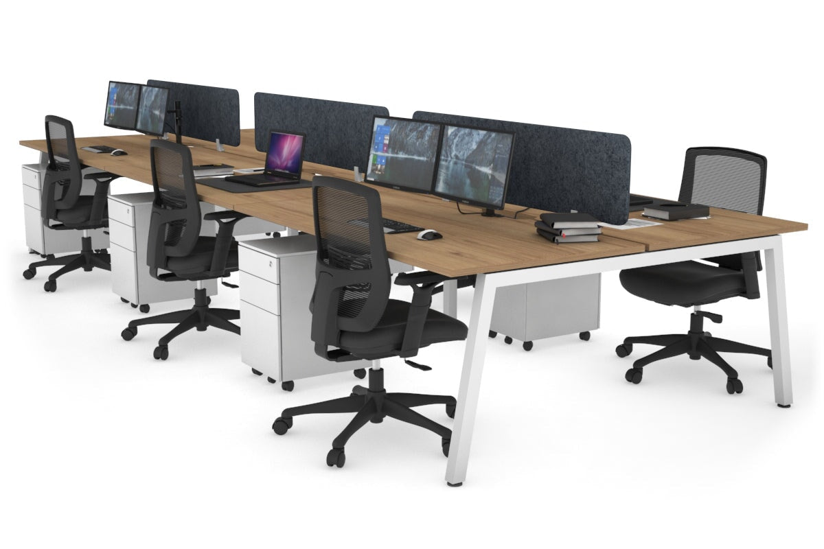 Quadro 6 Person Office Workstation [1400L x 800W with Cable Scallop]-white leg salvage oak dark grey echo panel (400H x 1200W)