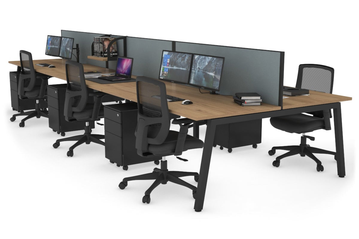 Quadro 6 Person Office Workstation [1400L x 800W with Cable Scallop]-black leg salvage oak cool grey (500H x 1400W)