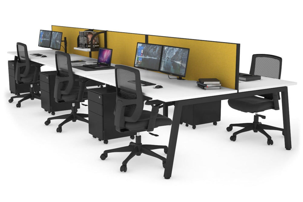 Quadro 6 Person Office Workstation [1400L x 800W with Cable Scallop]-black leg white mustard yellow (500H x 1400W)