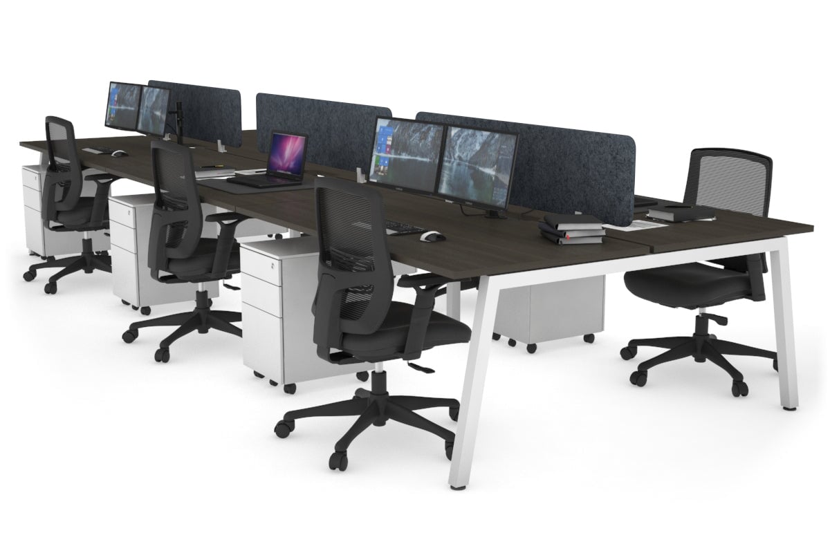Quadro 6 Person Office Workstation [1400L x 800W with Cable Scallop]-white leg dark oak dark grey echo panel (400H x 1200W)