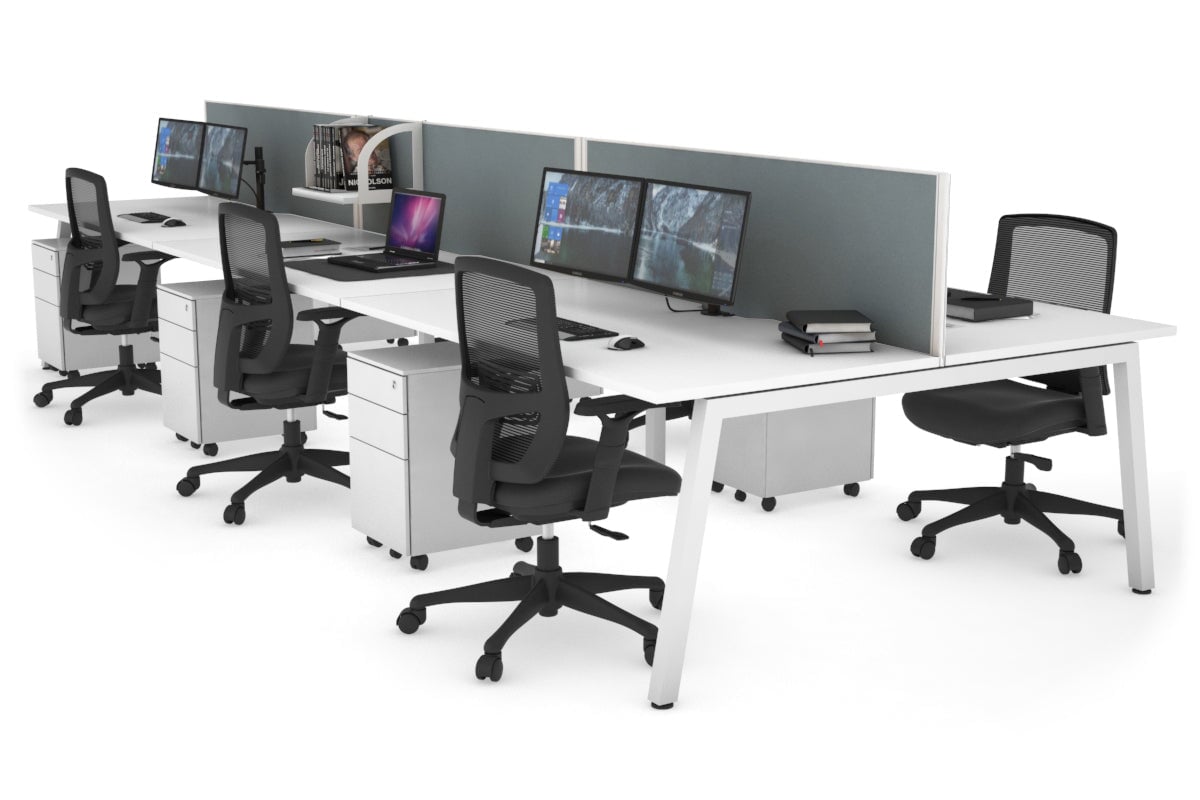 Quadro 6 Person Office Workstations [1400L x 800W with Cable Scallop] Jasonl white leg white cool grey (500H x 1400W)