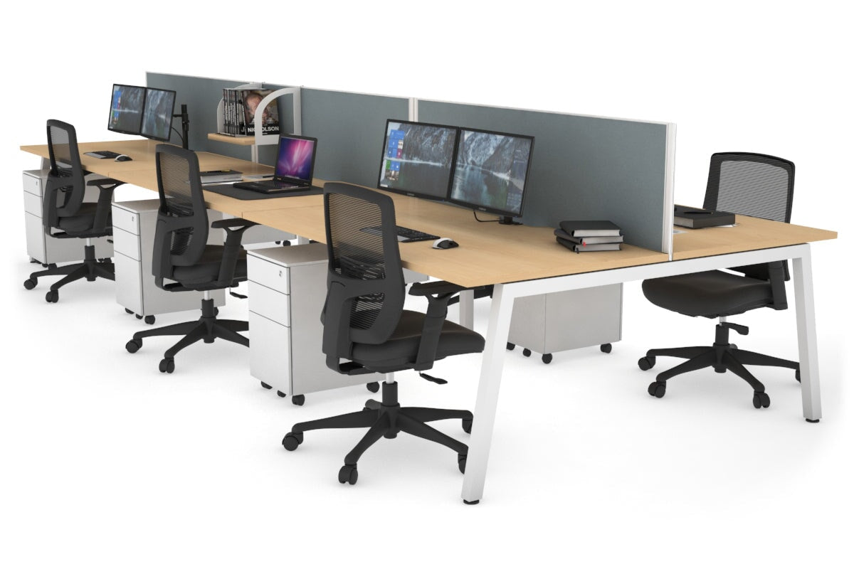 Quadro 6 Person Office Workstation [1400L x 800W with Cable Scallop]-white leg maple cool grey (500H x 1400W)