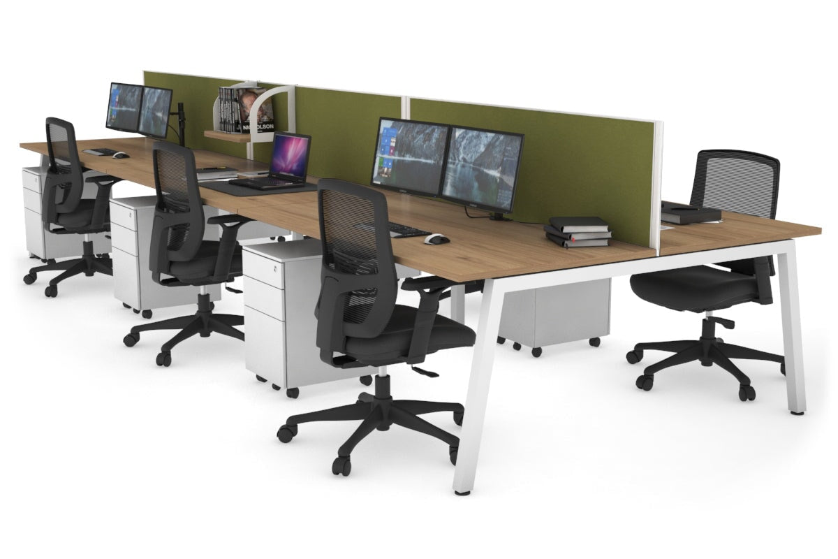 Quadro 6 Person Office Workstation [1400L x 800W with Cable Scallop]-white leg salvage oak green moss (500H x 1400W)