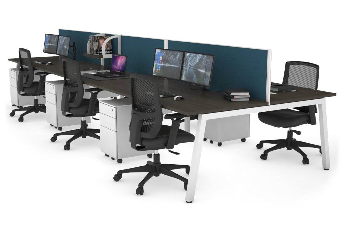 Quadro 6 Person Office Workstations [1400L x 800W with Cable Scallop] Jasonl white leg dark oak deep blue (500H x 1400W)