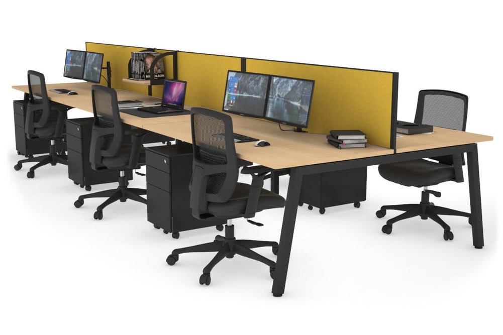 Quadro 6 Person Office Workstation [1400L x 800W with Cable Scallop]-black leg maple mustard yellow (500H x 1400W)