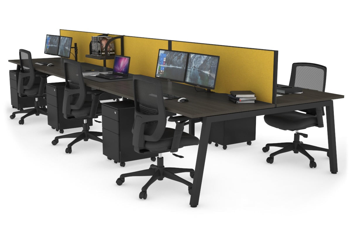Quadro 6 Person Office Workstations [1400L x 800W with Cable Scallop] Jasonl black leg dark oak mustard yellow (500H x 1400W)