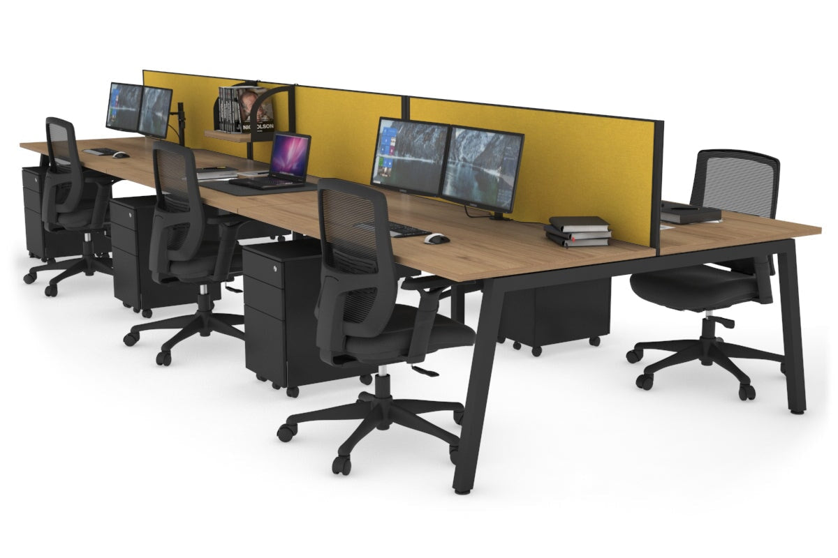Quadro 6 Person Office Workstation [1400L x 800W with Cable Scallop]-black leg salvage oak mustard yellow (500H x 1400W)
