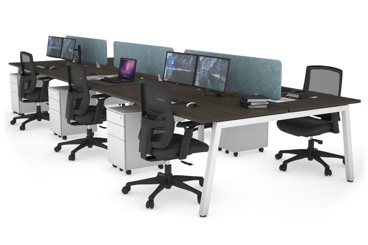 Quadro 6 Person Office Workstation [1400L x 800W with Cable Scallop]-white leg dark oak blue echo panel (400H x 1200W)
