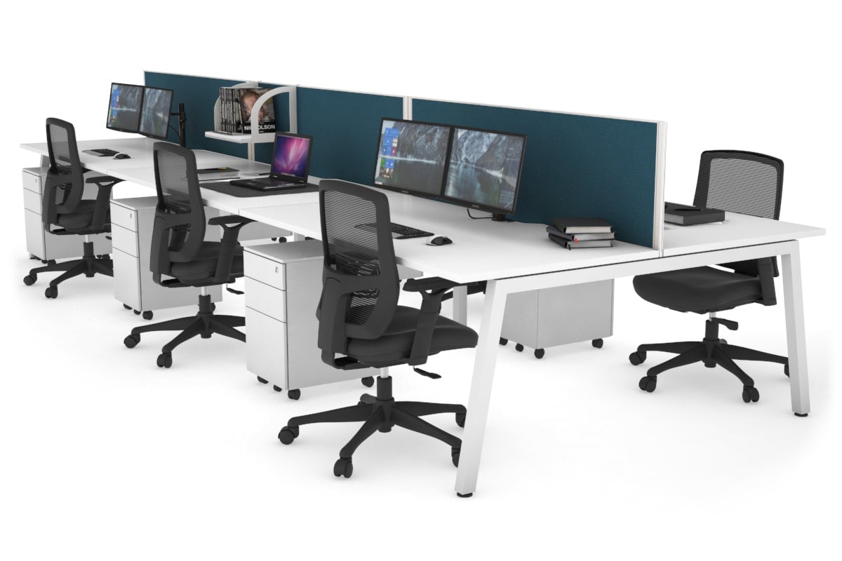 Quadro 6 Person Office Workstation [1400L x 800W with Cable Scallop]-white leg white deep blue (500H x 1400W)