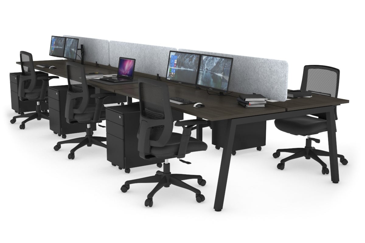 Quadro 6 Person Office Workstations [1600L x 700W] Jasonl black leg dark oak light grey echo panel (400H x 1600W)