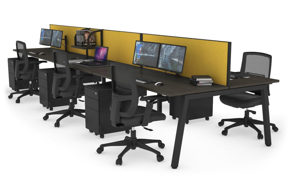 Quadro 6 Person Office Workstation [1600L x 700W]-black leg dark oak mustard yellow (500H x 1600W)