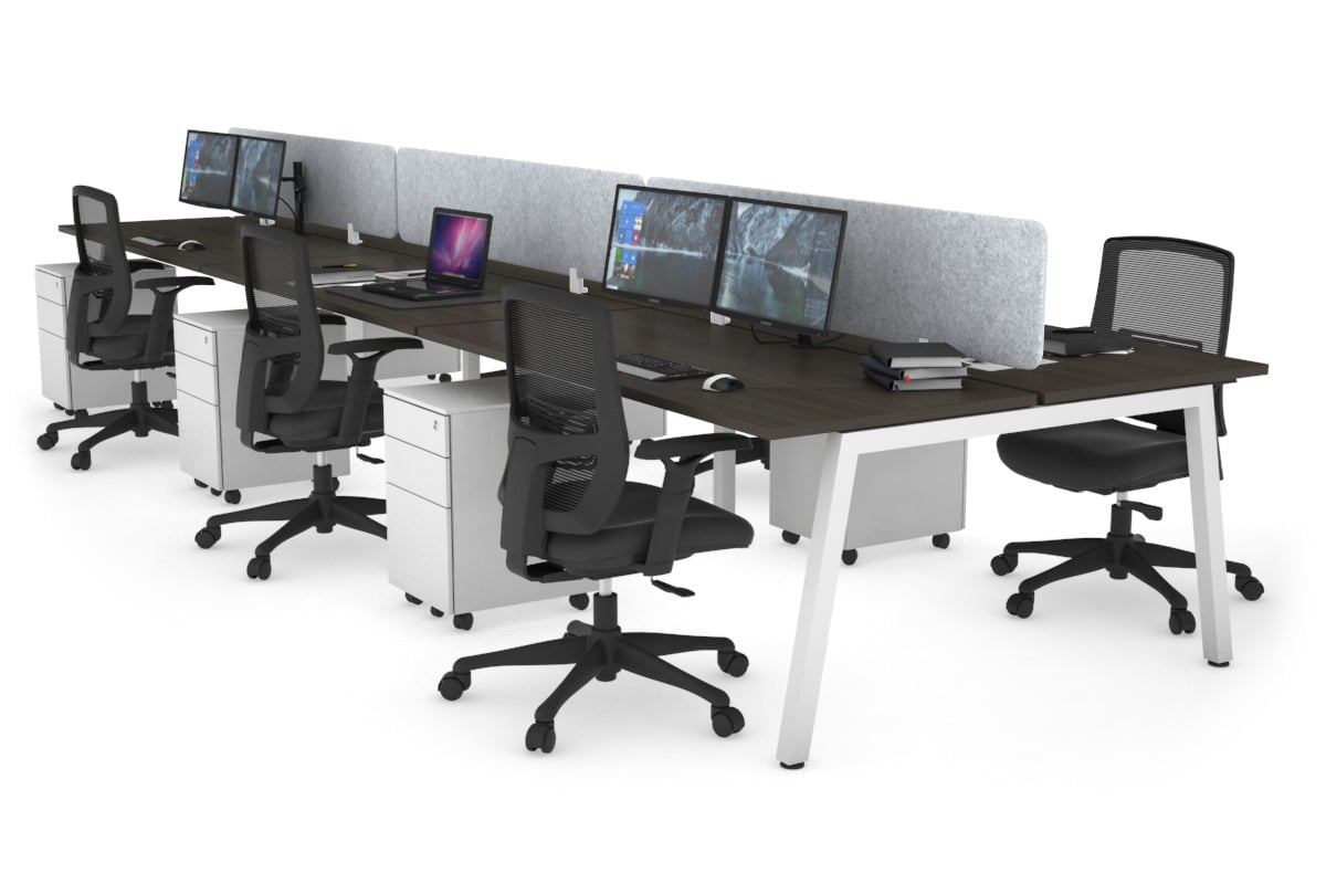 Quadro 6 Person Office Workstations [1600L x 700W] Jasonl white leg dark oak light grey echo panel (400H x 1600W)