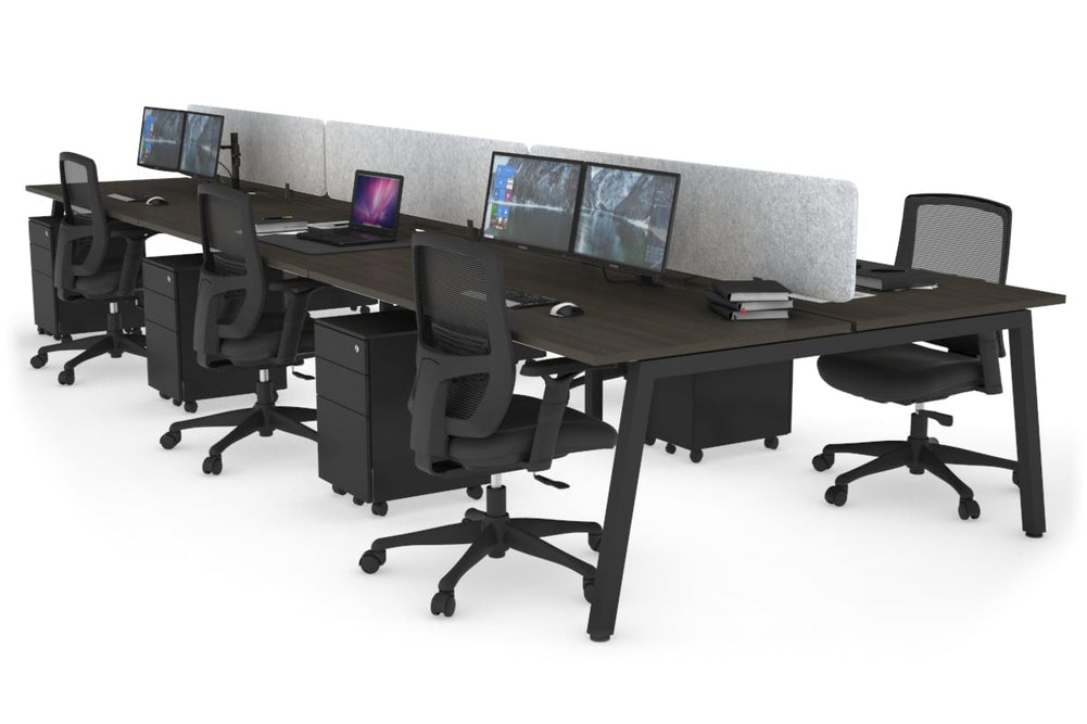 Quadro 6 Person Office Workstation [1600L x 800W with Cable Scallop]-black leg dark oak light grey acoustic panel (400H x 1600W)