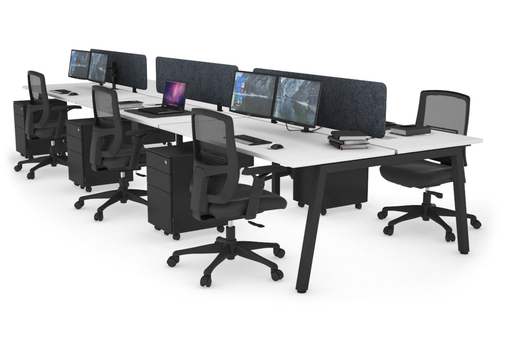 Quadro 6 Person Office Workstation [1800L x 700W]-black leg white dark grey acoustic panel (400H x 1600W)