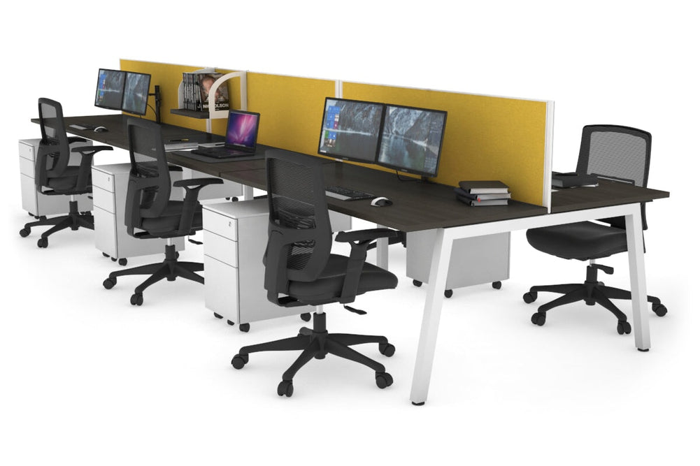 Quadro 6 Person Office Workstation [1800L x 700W]-white leg dark oak mustard yellow (500H x 1800W)