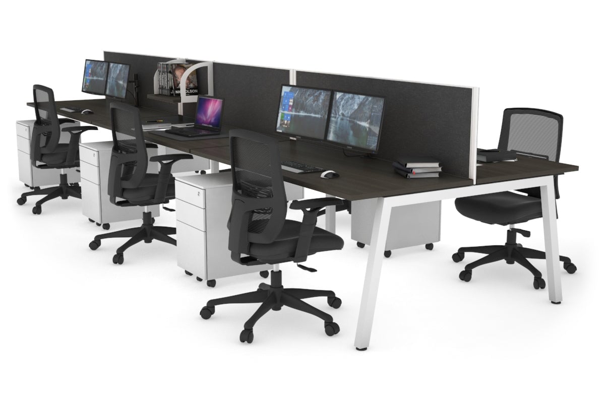 Quadro 6 Person Office Workstations [1800L x 700W] Jasonl white leg dark oak moody charcoal (500H x 1800W)