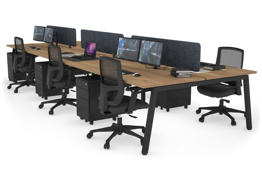 Quadro 6 Person Office Workstation [1800L x 800W with Cable Scallop]-black leg salvage oak dark grey acoustic panel (400H x 1600W)