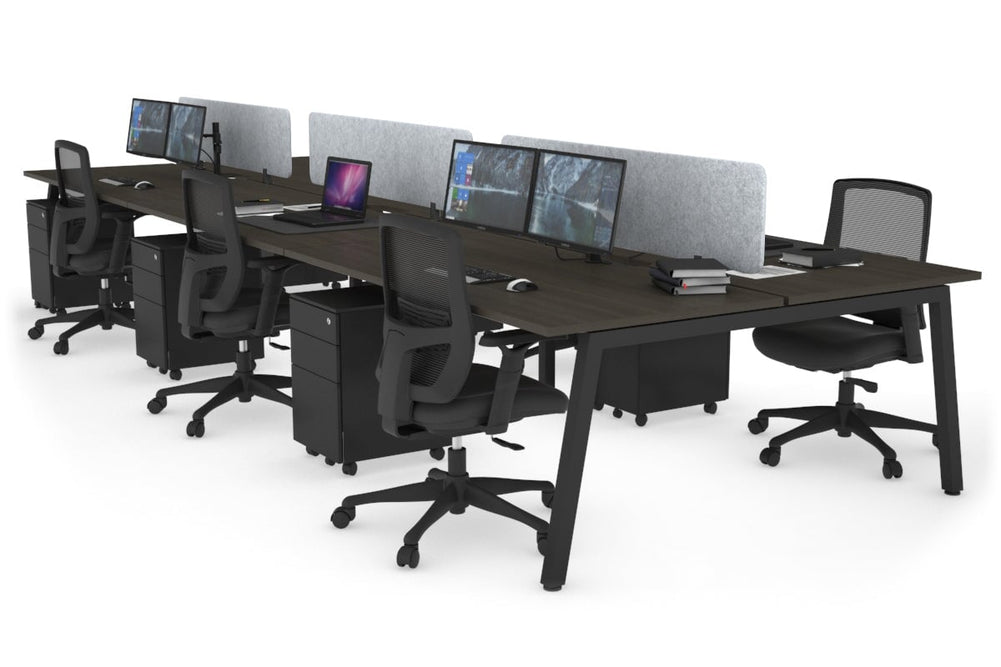 Quadro 6 Person Office Workstation [1800L x 800W with Cable Scallop]-black leg dark oak light grey acoustic panel (400H x 1600W)