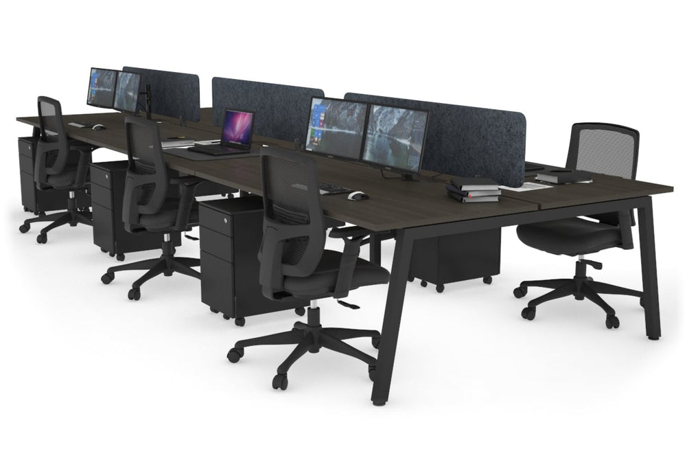 Quadro 6 Person Office Workstation [1800L x 800W with Cable Scallop]-black leg dark oak dark grey acoustic panel (400H x 1600W)