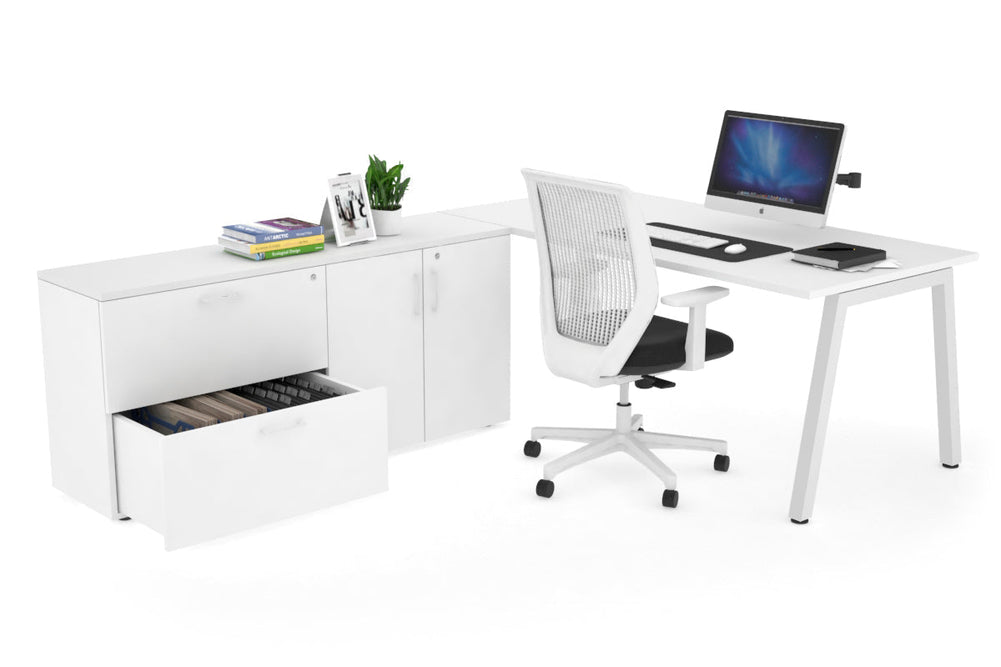 Quadro A Executive Setting - White Frame [1600L x 700W]-white none 2 drawer 2 door filing cabinet