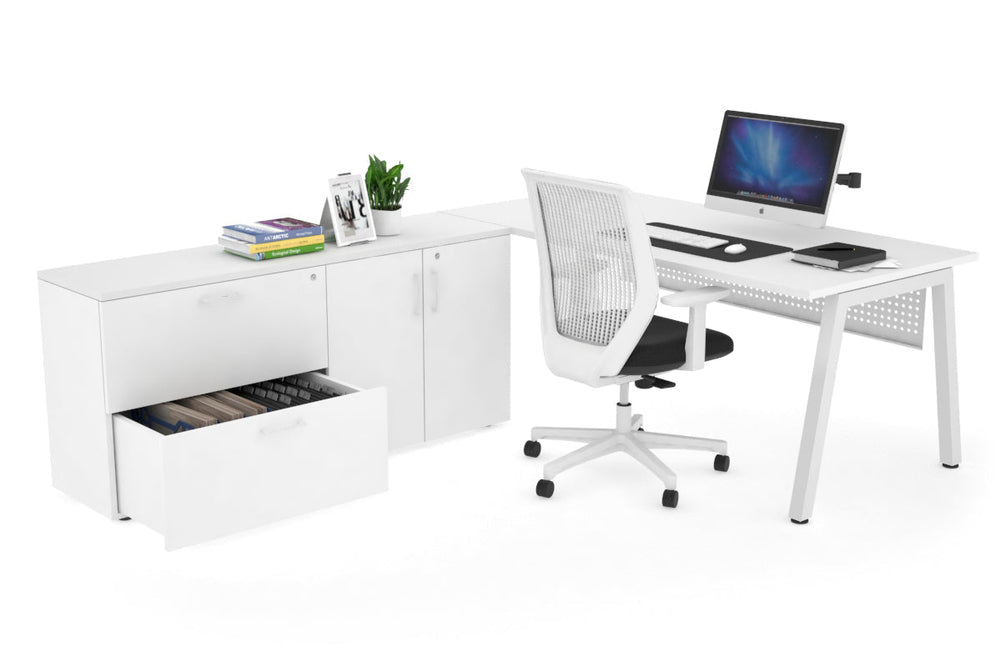 Quadro A Executive Setting - White Frame [1600L x 700W]-white white modesty 2 drawer 2 door filing cabinet