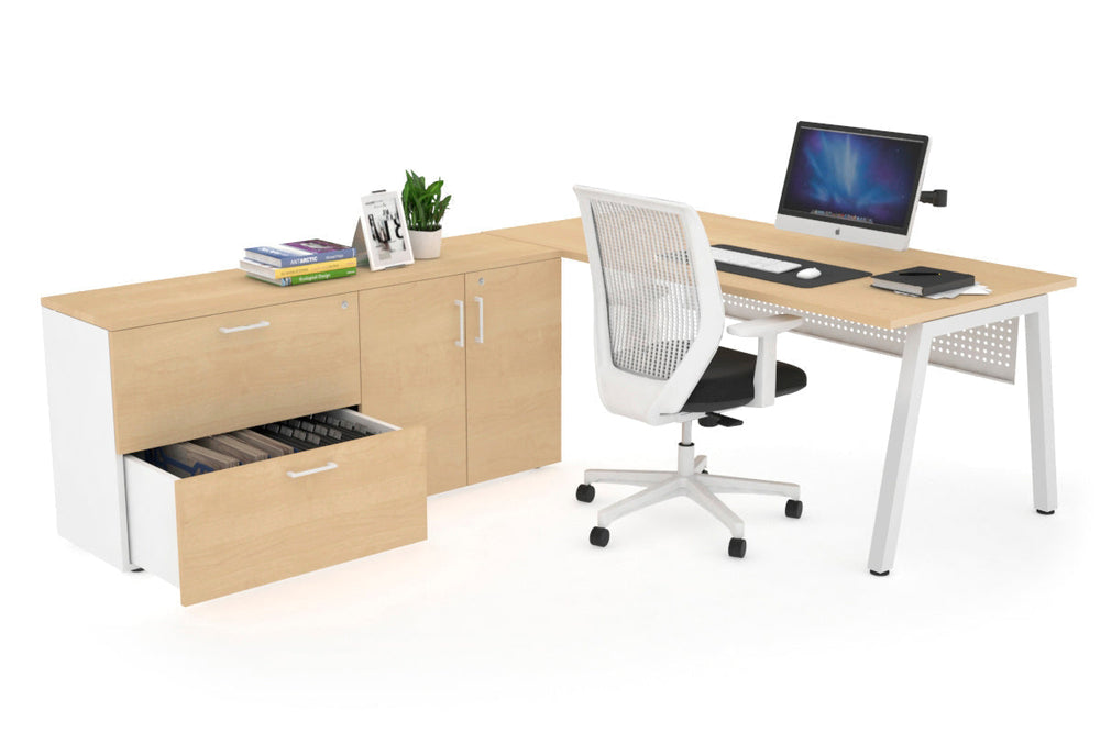 Quadro A Executive Setting - White Frame [1600L x 700W]-maple white modesty 2 drawer 2 door filing cabinet