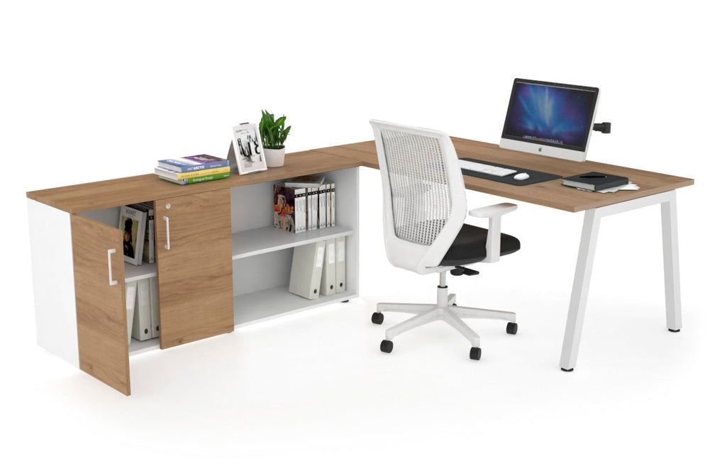 Quadro A Executive Setting - White Frame [1600L x 700W]-salvage oak none 2 door open storage cabinet