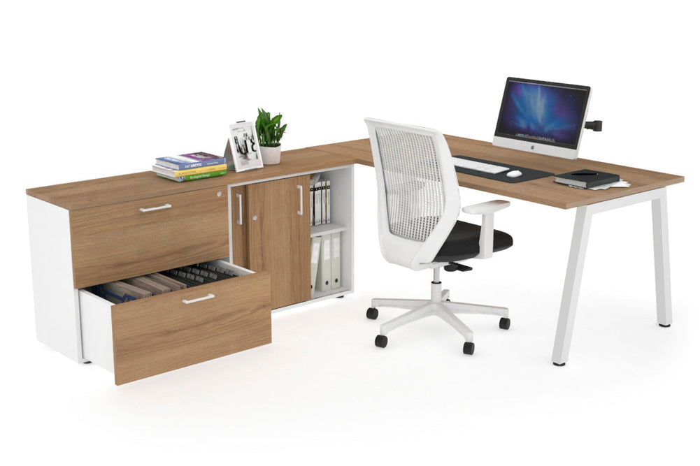 Quadro A Executive Setting - White Frame [1600L x 700W]-salvage oak none 2 drawer lateral sliding door credenza