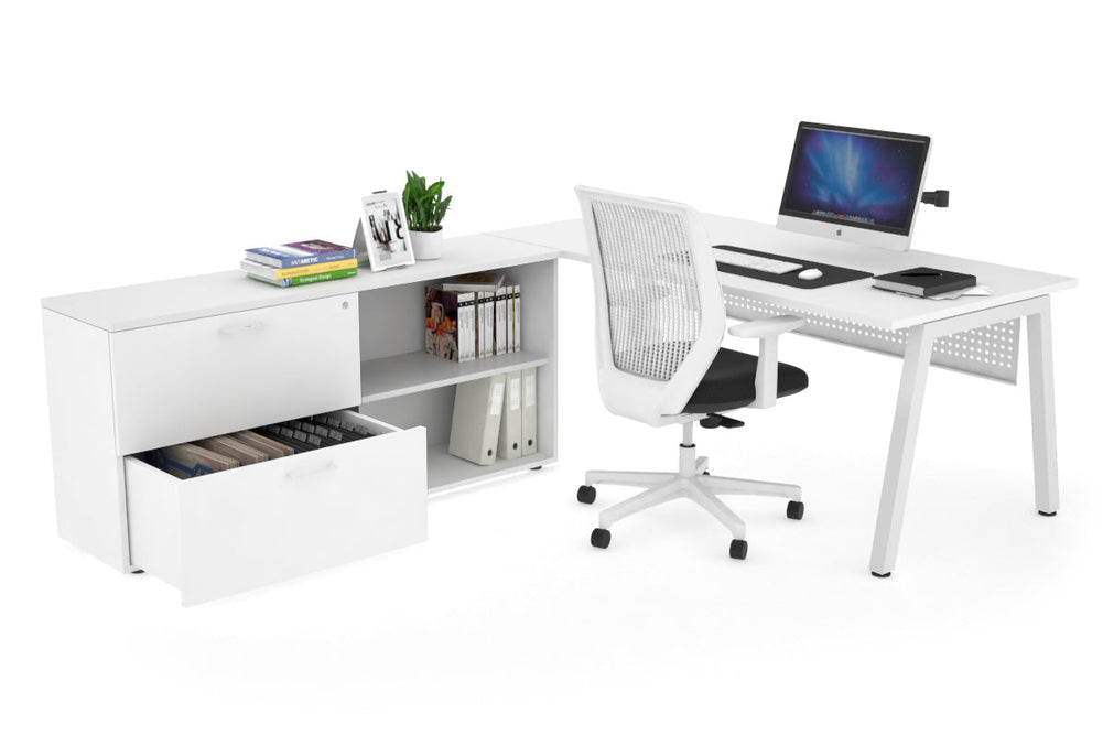 Quadro A Executive Setting - White Frame [1600L x 700W]-white white modesty 2 drawer open filing cabinet