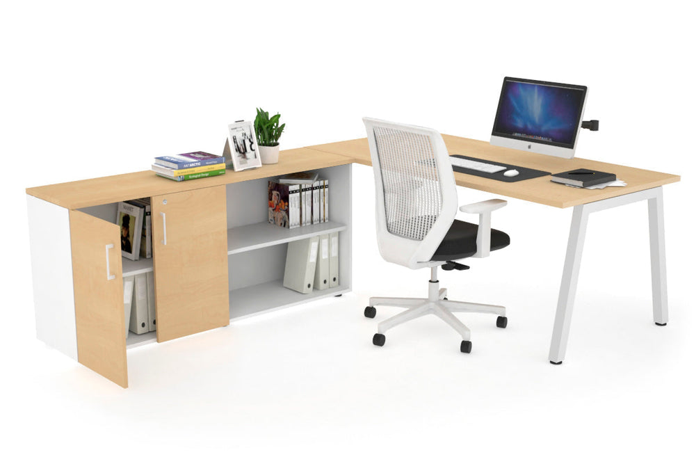 Quadro A Executive Setting - White Frame [1600L x 700W]-maple none 2 door open storage cabinet